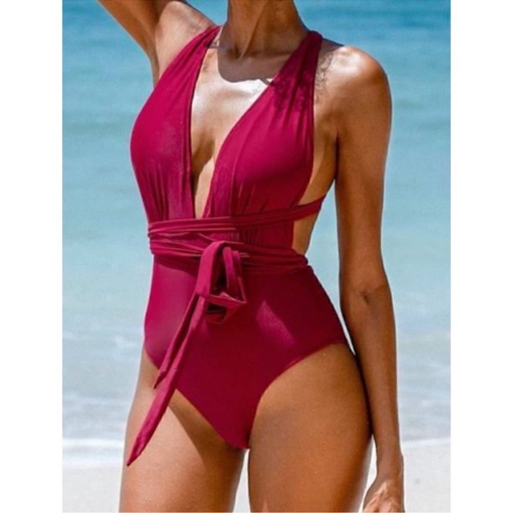 CUPSHE One Piece Swimsuit Deep V Neck Tie Waist Crisscross Back NEW Size Small - Picture 4 of 11